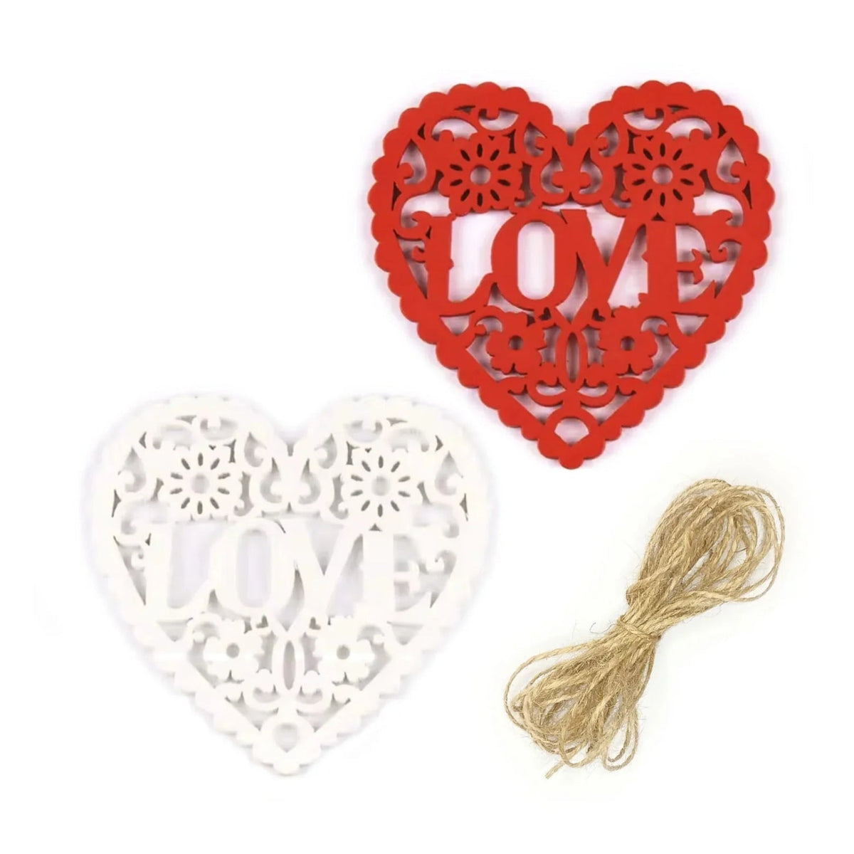 Wooden Heart Laser Cut Forms 80mm with Jute Twine – 5pcs White & 5pcs Red