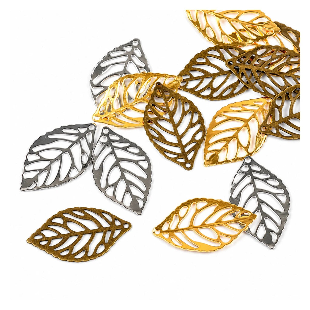 Metal Filigree Leaf Charms 23x14mm – Bronze, Gold, Silver, Mixed