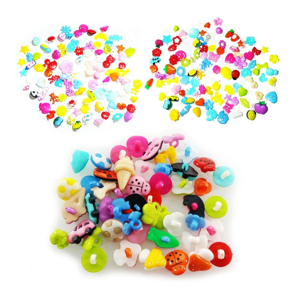 50/100pcs Mixed Shape Buttons & Brooches for Kids Clothing – Assorted colorful plastic beads and charms on a white background