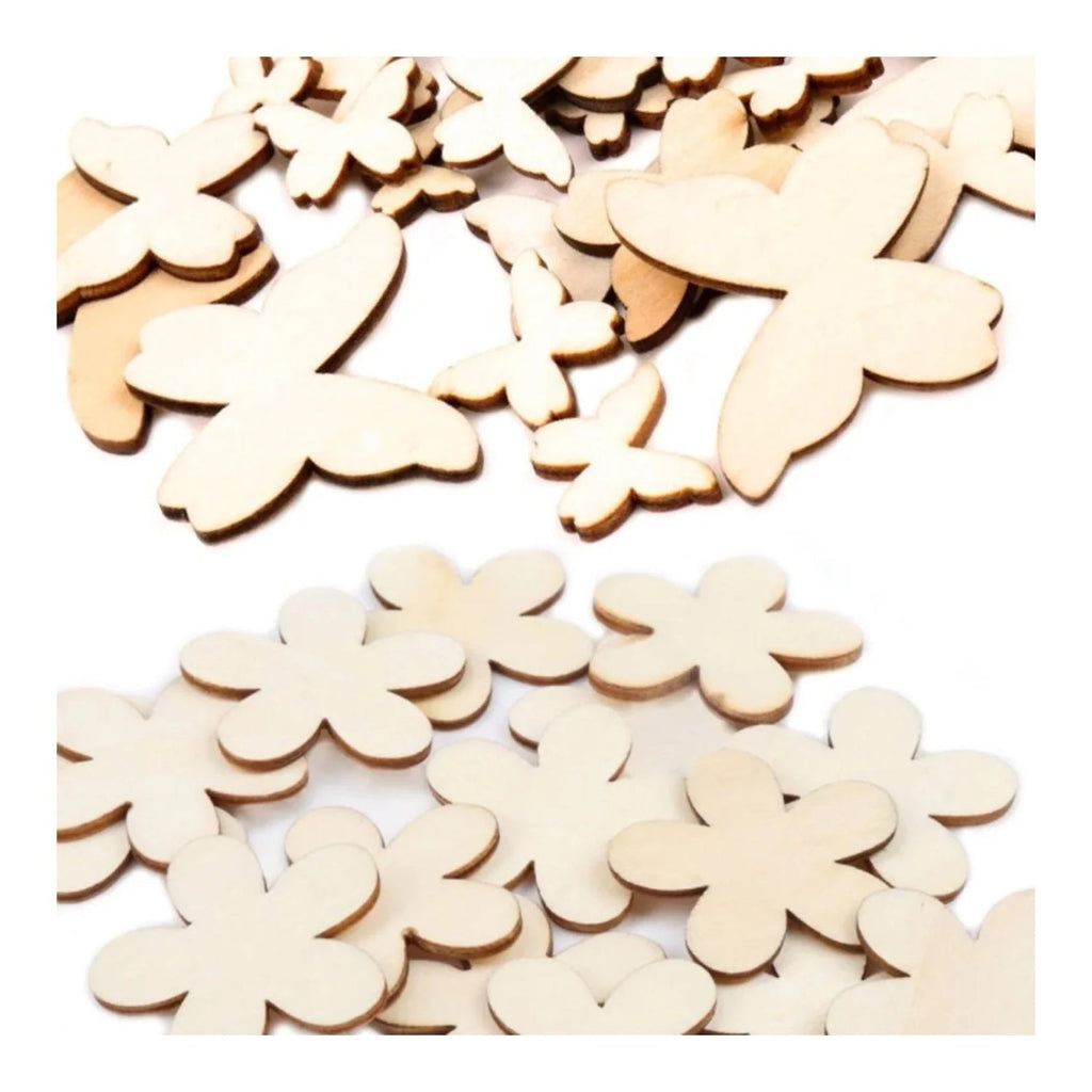 Natural Wooden Flower & Butterfly Shape Blanks – 50 pcs