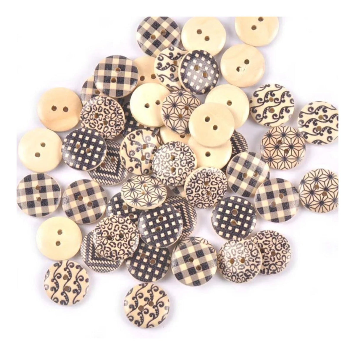 50pcs 18mm Wooden Clothing Buttons Mixed Patterns 2-Hole