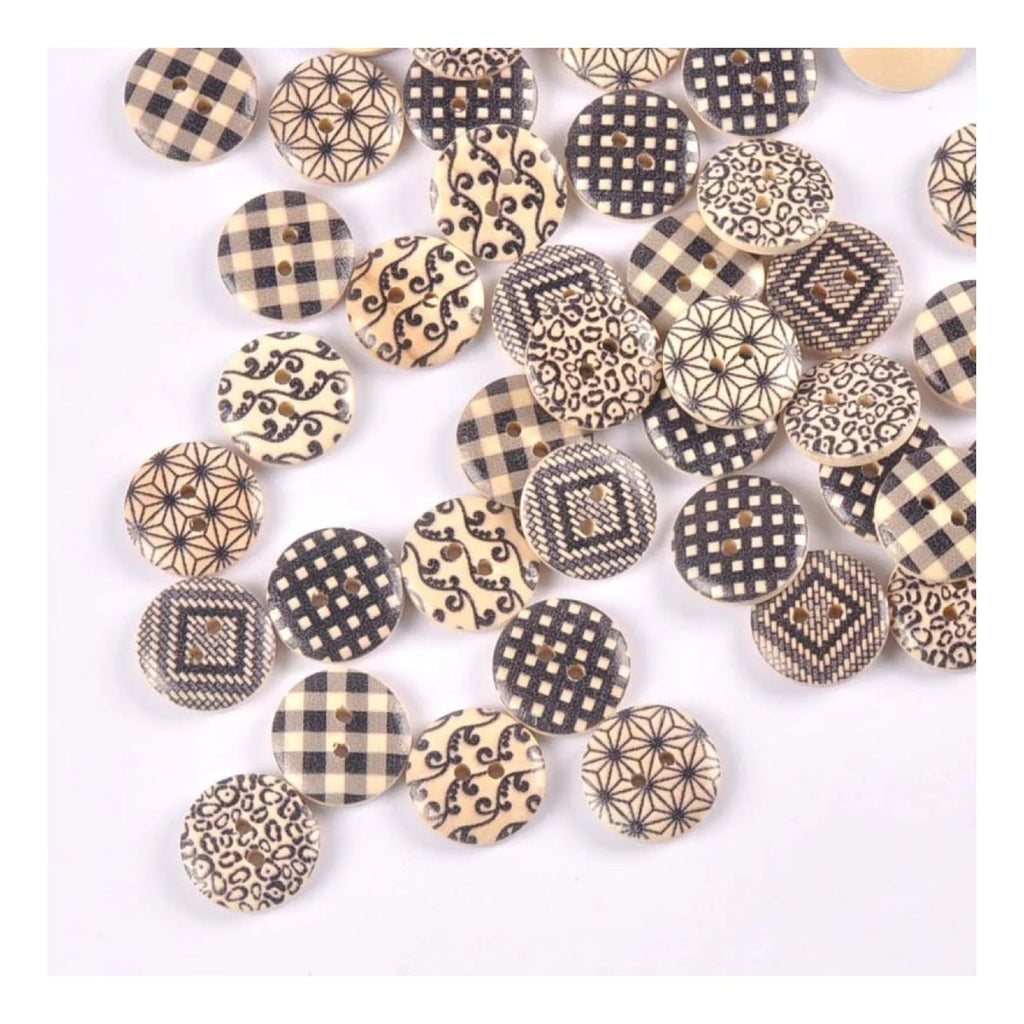 50pcs 18mm Wooden Clothing Buttons Mixed Patterns 2-Hole