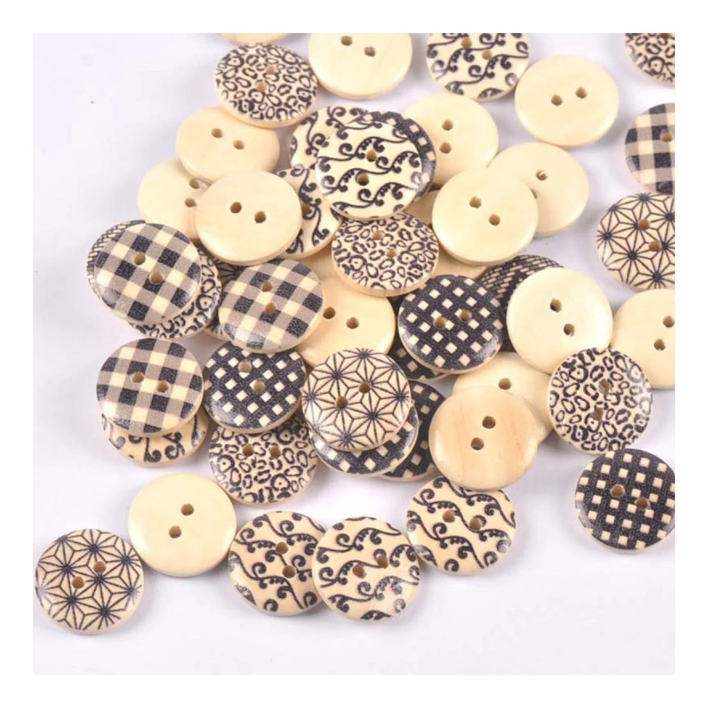 50pcs 18mm Wooden Clothing Buttons Mixed Patterns 2-Hole