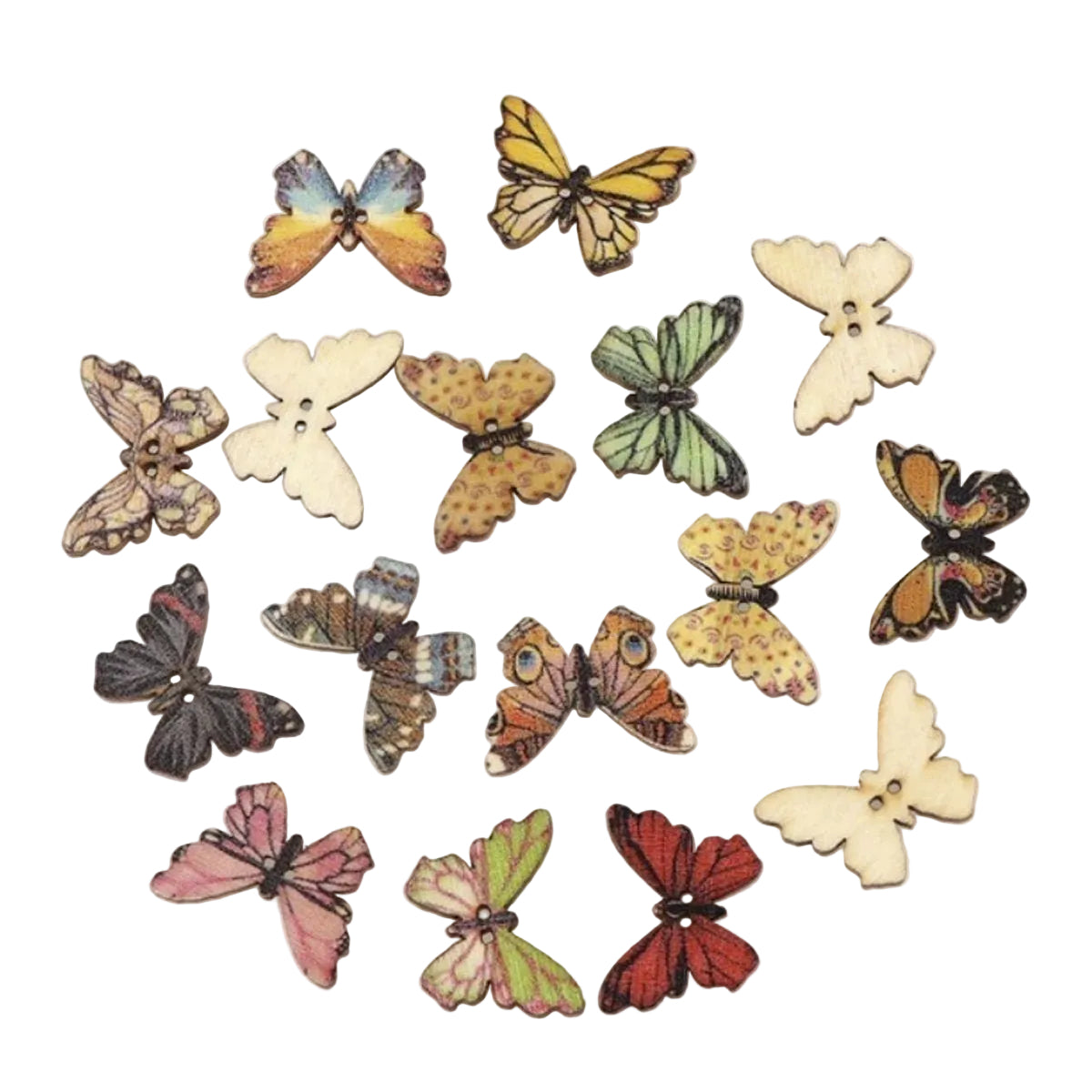 50pcs Wooden Butterfly Buttons 2-Hole Colourful – A, E