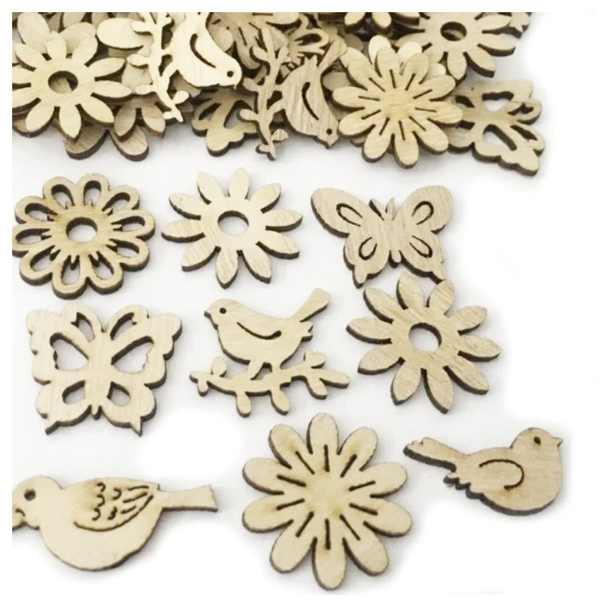 27mm Wooden Birds, Butterflies & Flowers – 50pcs Craft Pieces
