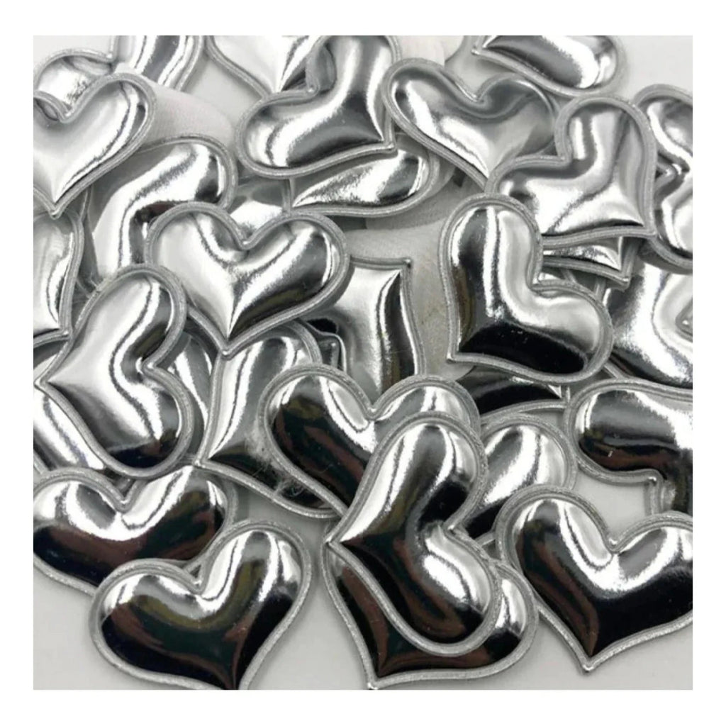 50pcs Glossy Shiny Padded Heart Shaped Garment Appliques – Silver