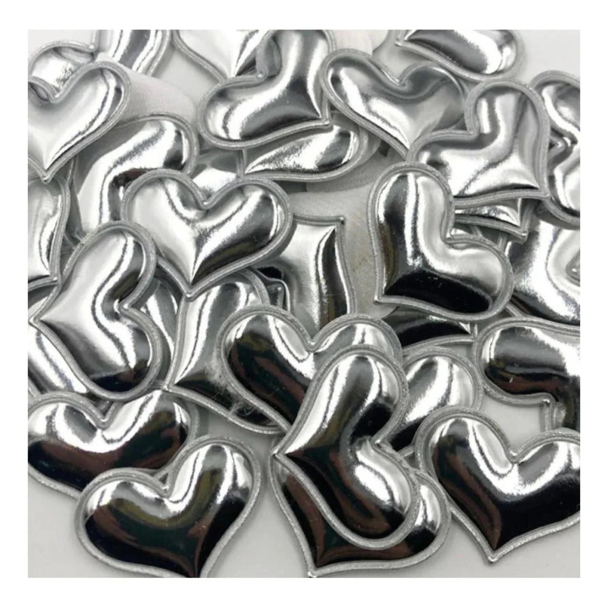 50pcs Glossy Shiny Padded Heart Shaped Garment Appliques – Silver