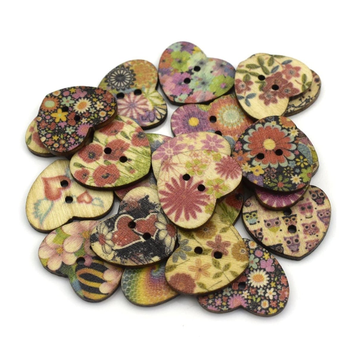 50pcs Heart Wooden Buttons Mixed Pattern 25mmx21mm