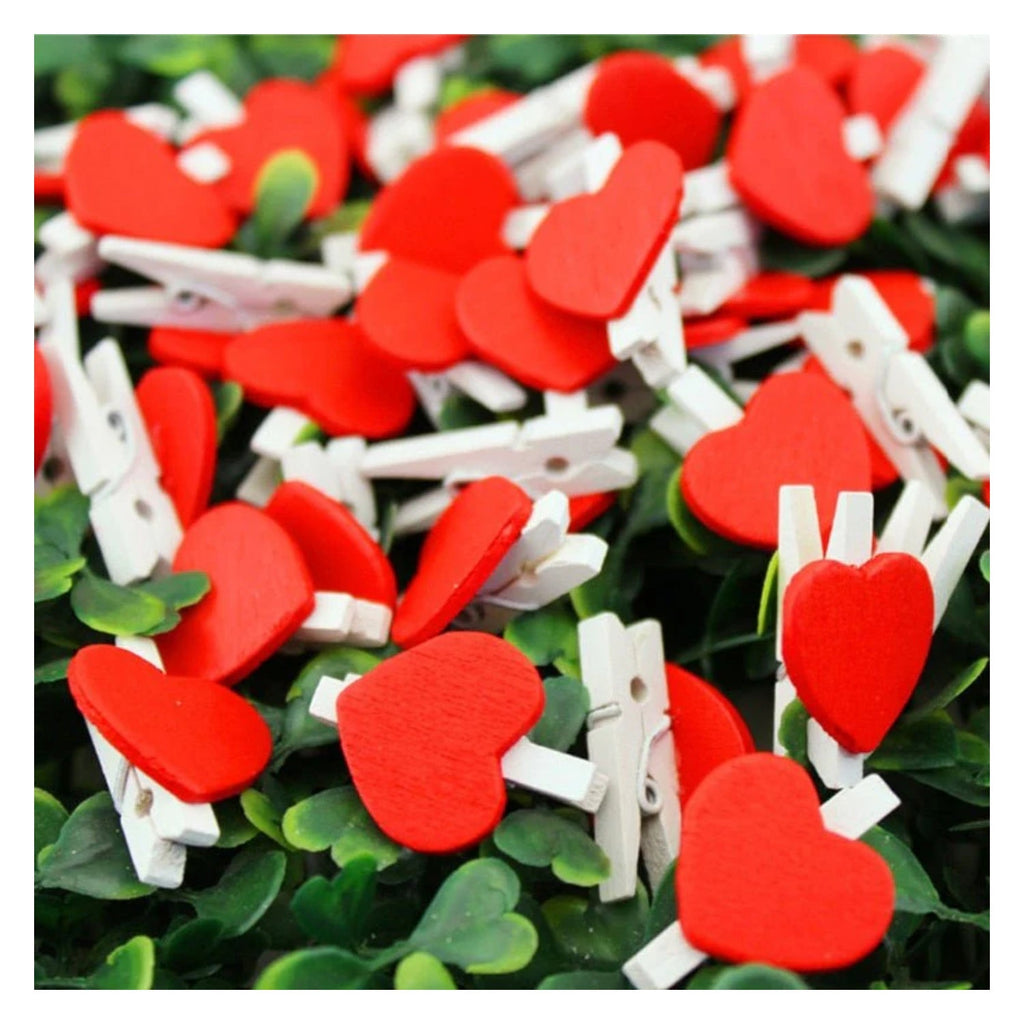 Mini Heart Shape Wood Clips – 50pcs Red