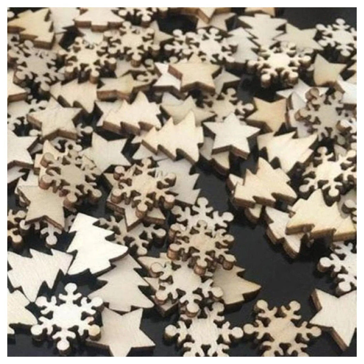 50pcs Natural Wood Christmas Pendant Hanging Ornaments – Trees Stars Snow 15mm