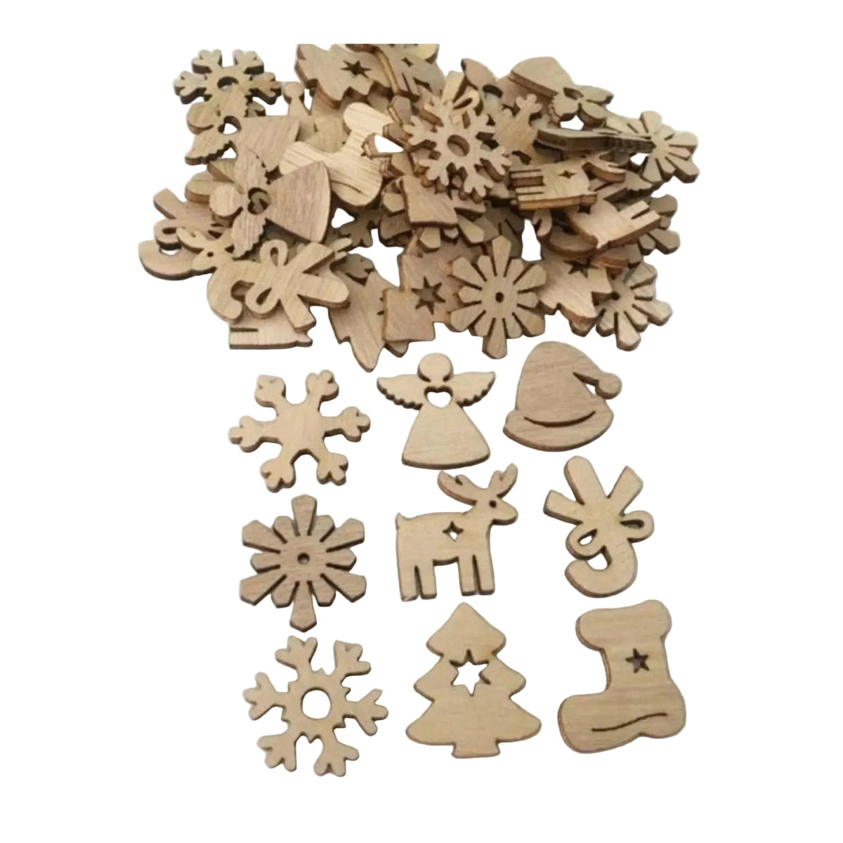 Natural Wood Christmas Hanging Ornaments – 50pcs – Christmas Mix 2