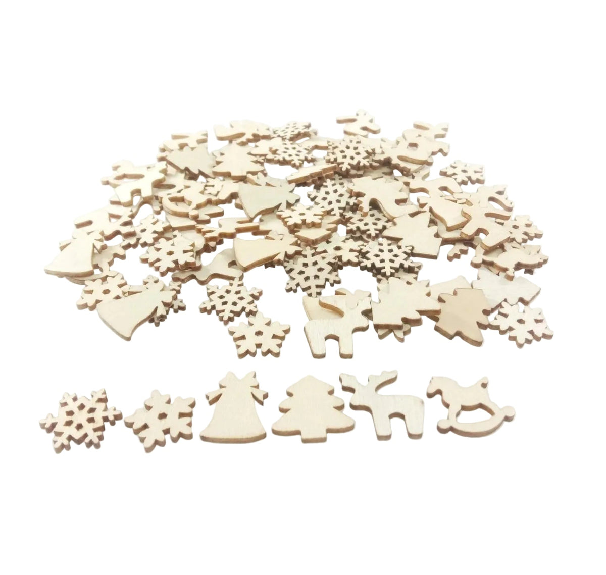 Natural Wood Christmas Hanging Ornaments – 50pcs – Angel Rocking Horse Reindeer Snow Tree