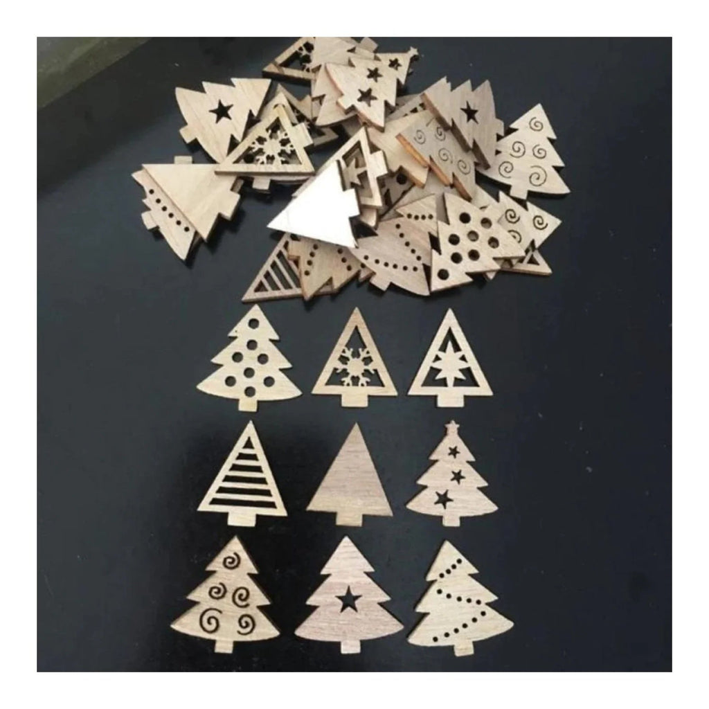 Natural Wood Christmas Hanging Ornaments – 50pcs – Trees Mixed