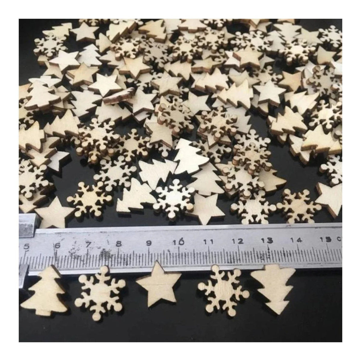 Natural Wood Christmas Hanging Ornaments – 50pcs – Trees Stars Snow 15mm