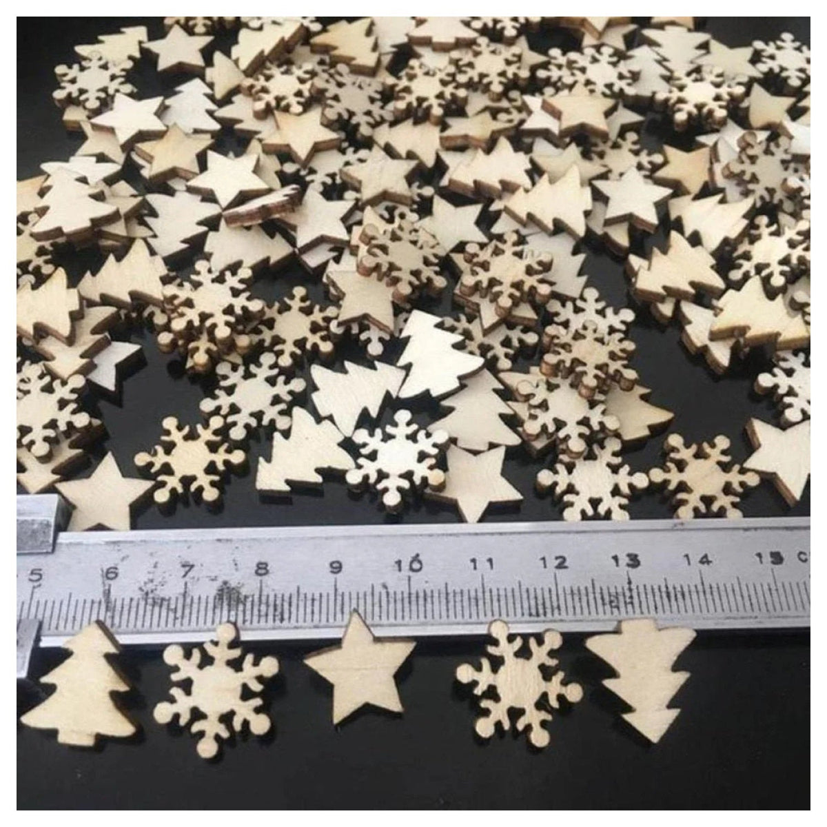 50pcs Natural Wood Christmas Pendants 15mm Trees Stars Snow