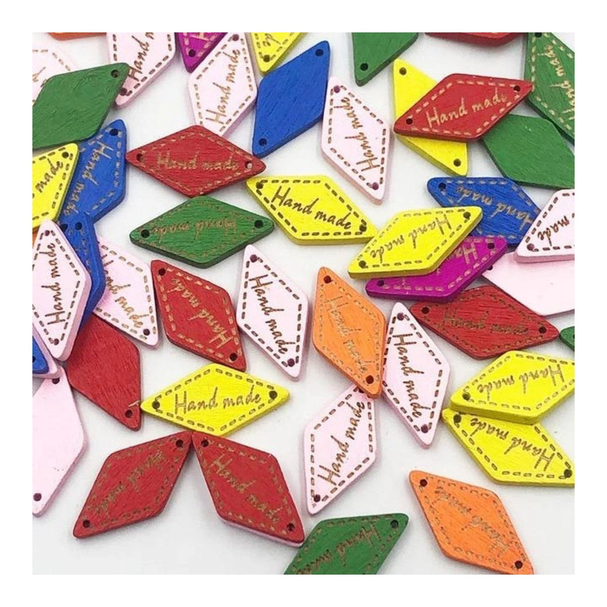 50pcs Wooden Bag Labels Sewing Tags for Clothing – Multicoloured Diamond