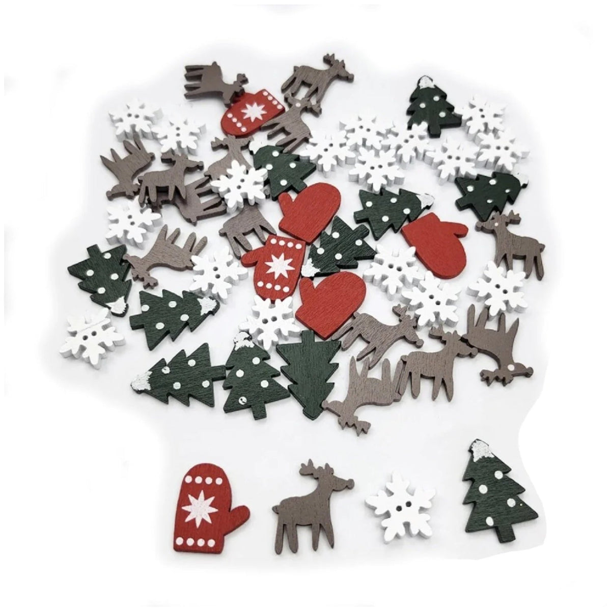 50pcs Wooden Christmas Ornaments – Reindeer, Snowflake, Glove, Tree