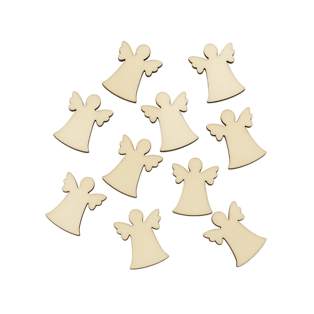 50 Angels 19mm Natural Wood Christmas Pendants – Wooden angel shapes on a white background