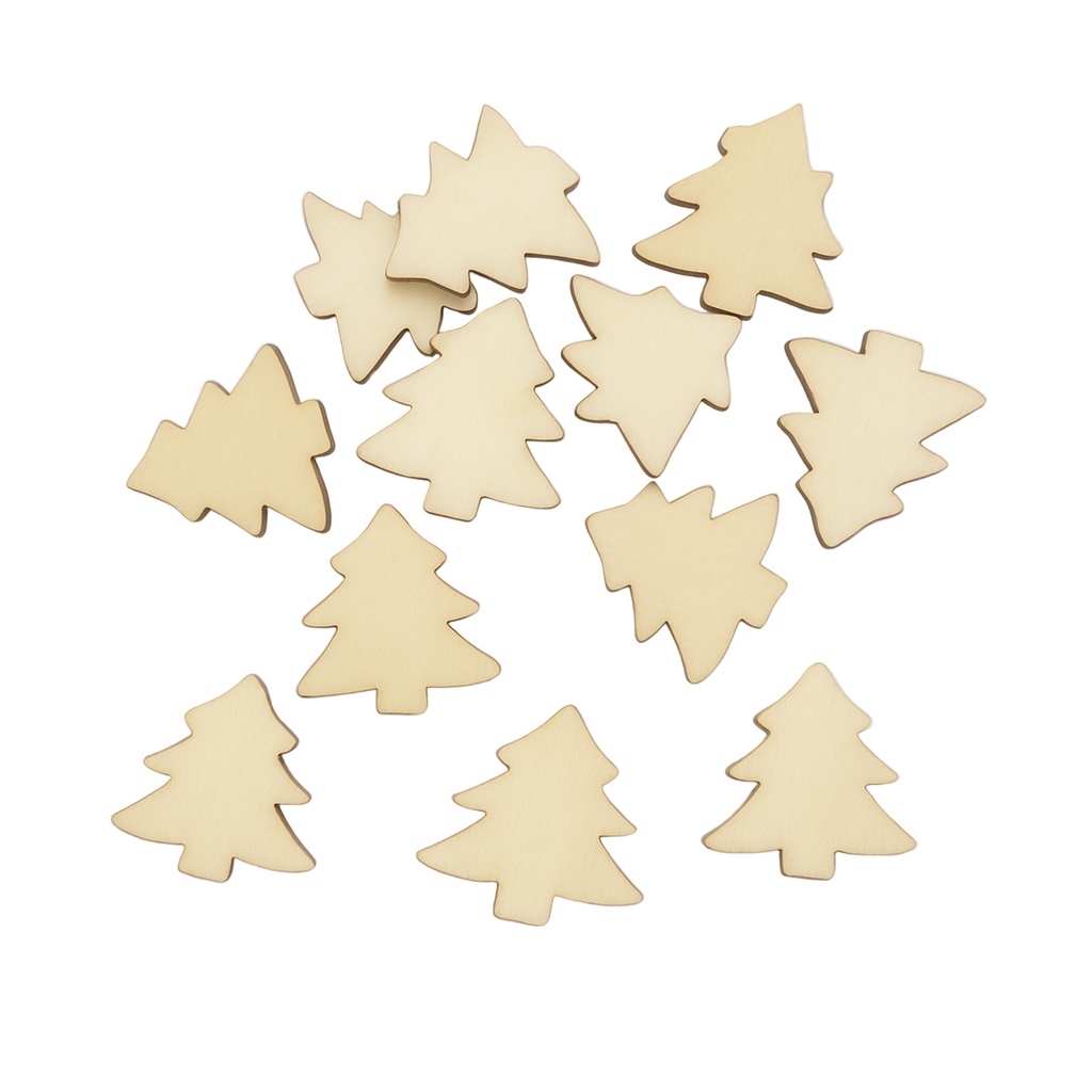50pcs Natural Wood Christmas Tree Pendants 19mm – Wooden Christmas tree shapes on a white background
