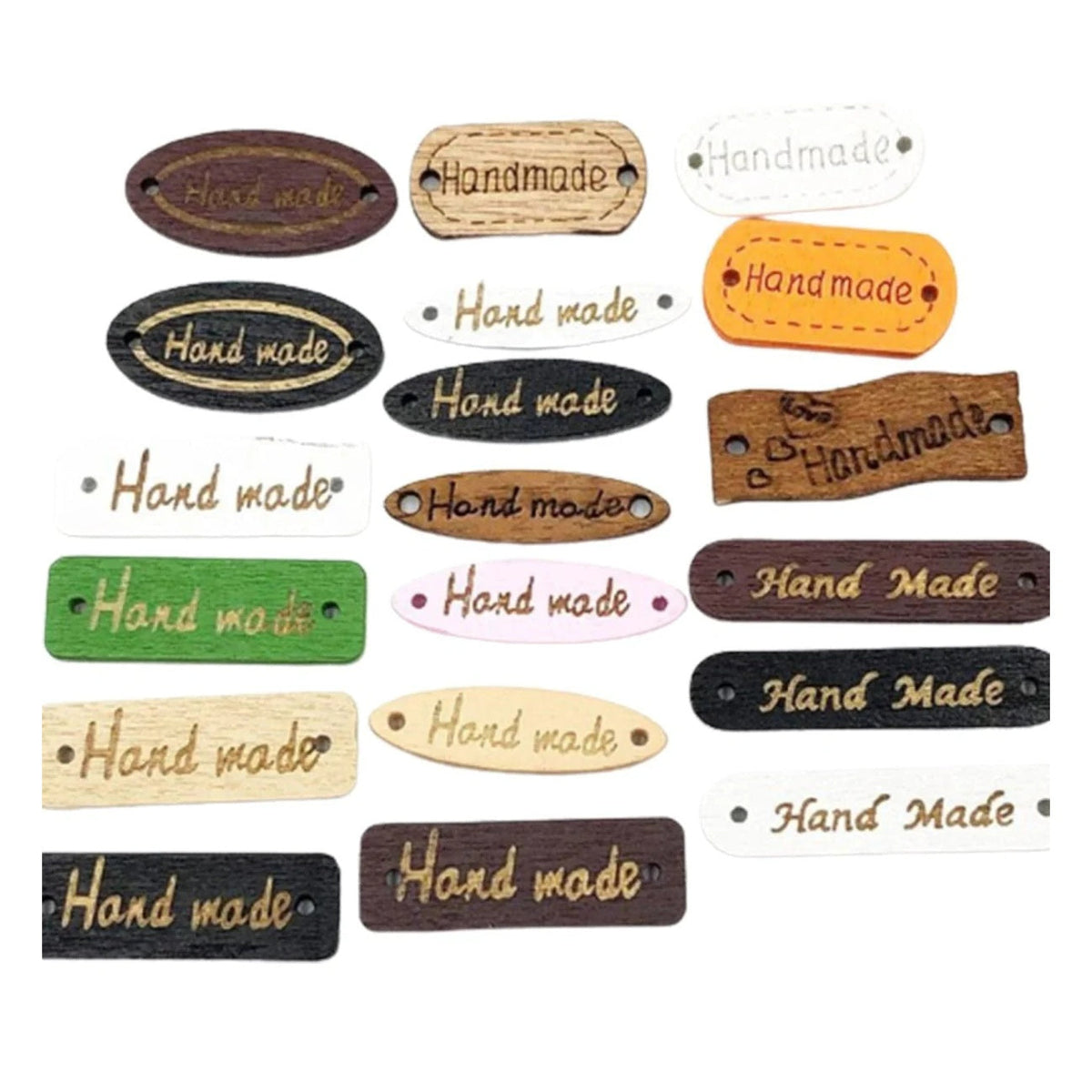 50pcs Wooden Bag Labels Sewing Tags for Clothing – Collection of 'Handmade' labels in various colors and designs on a white background