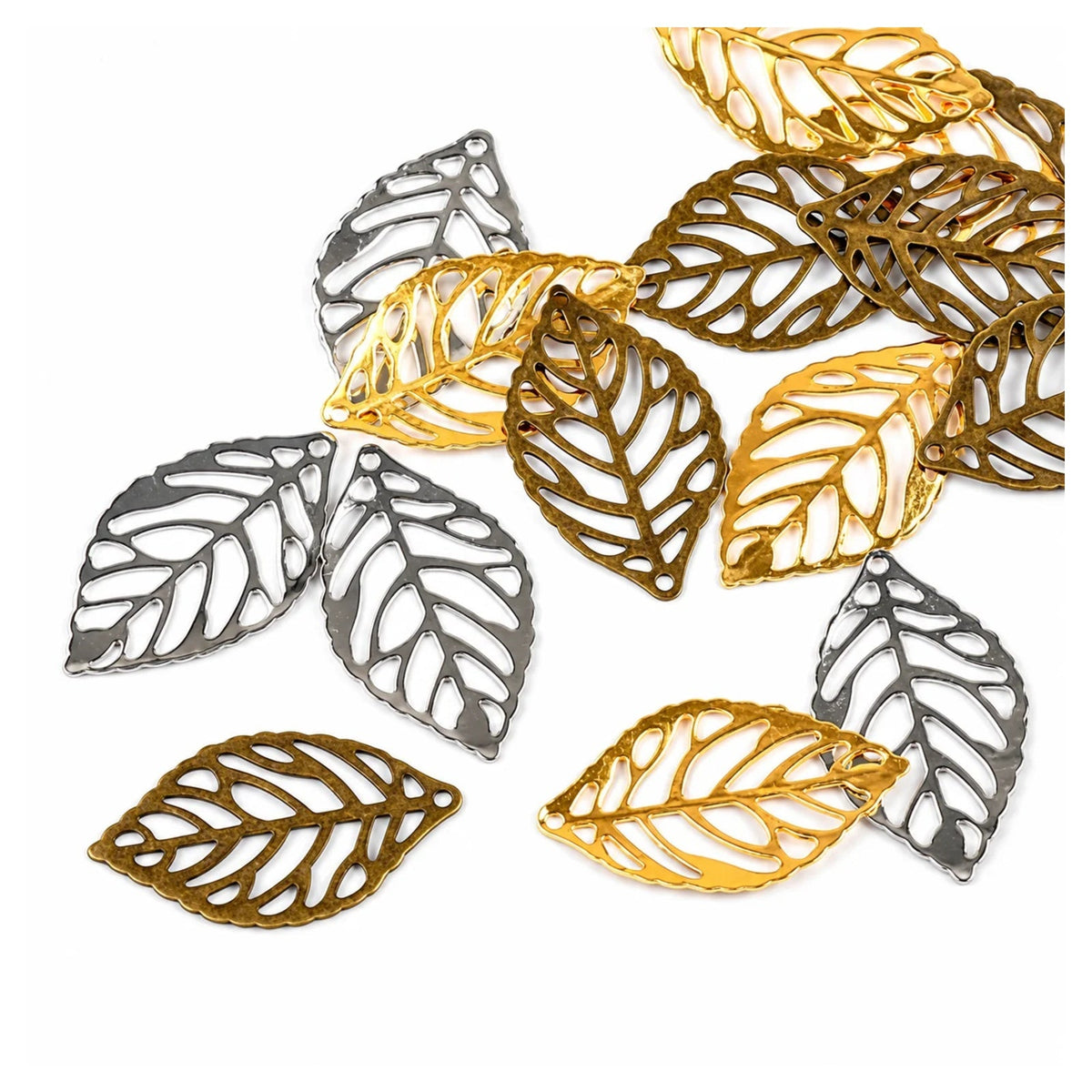50 Metal Filigree Leaf Charms 23x14mm for Bracelets – Mixed