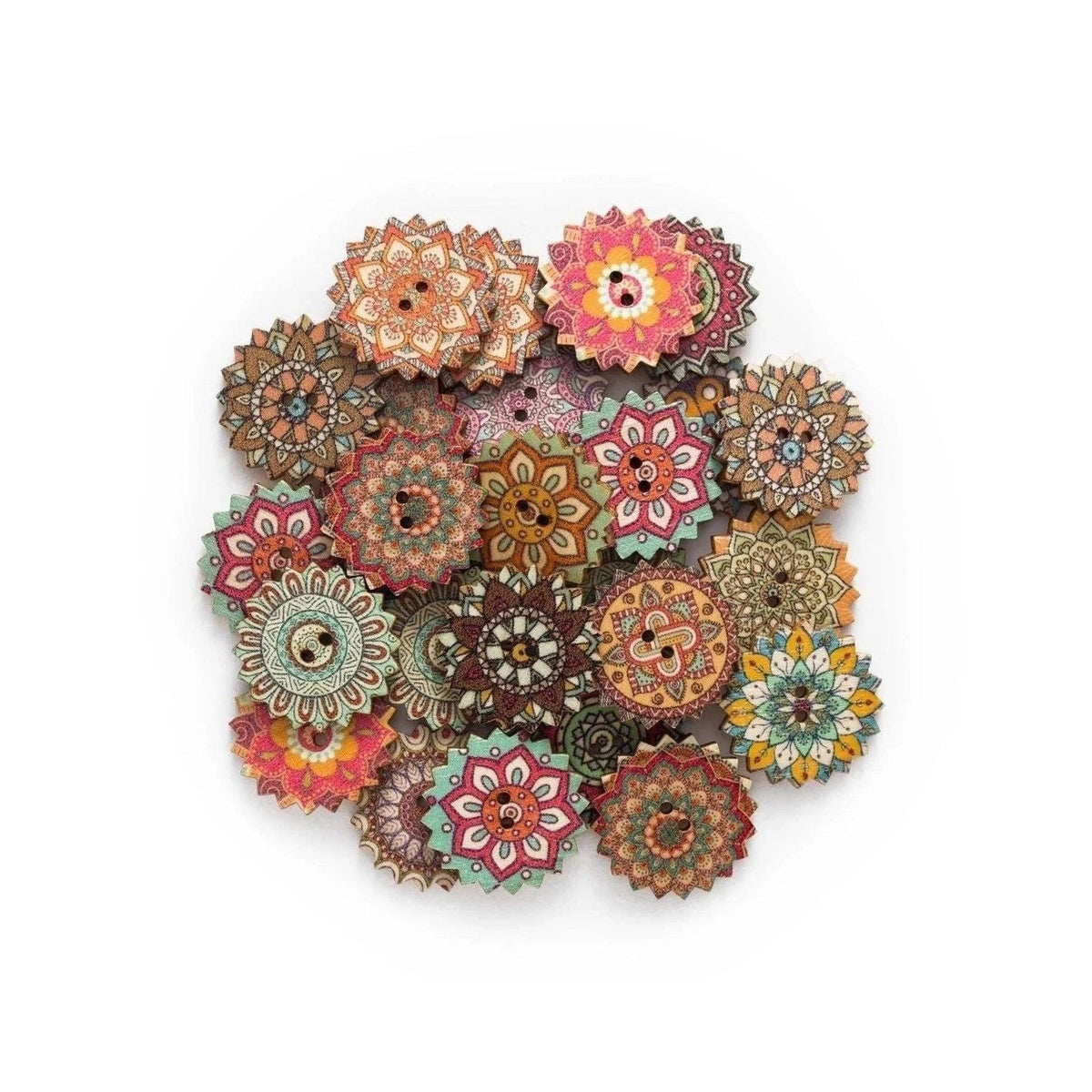 50 Retro Wooden Buttons 15-25mm Set A – 20mm Flower, 25mm Flower
