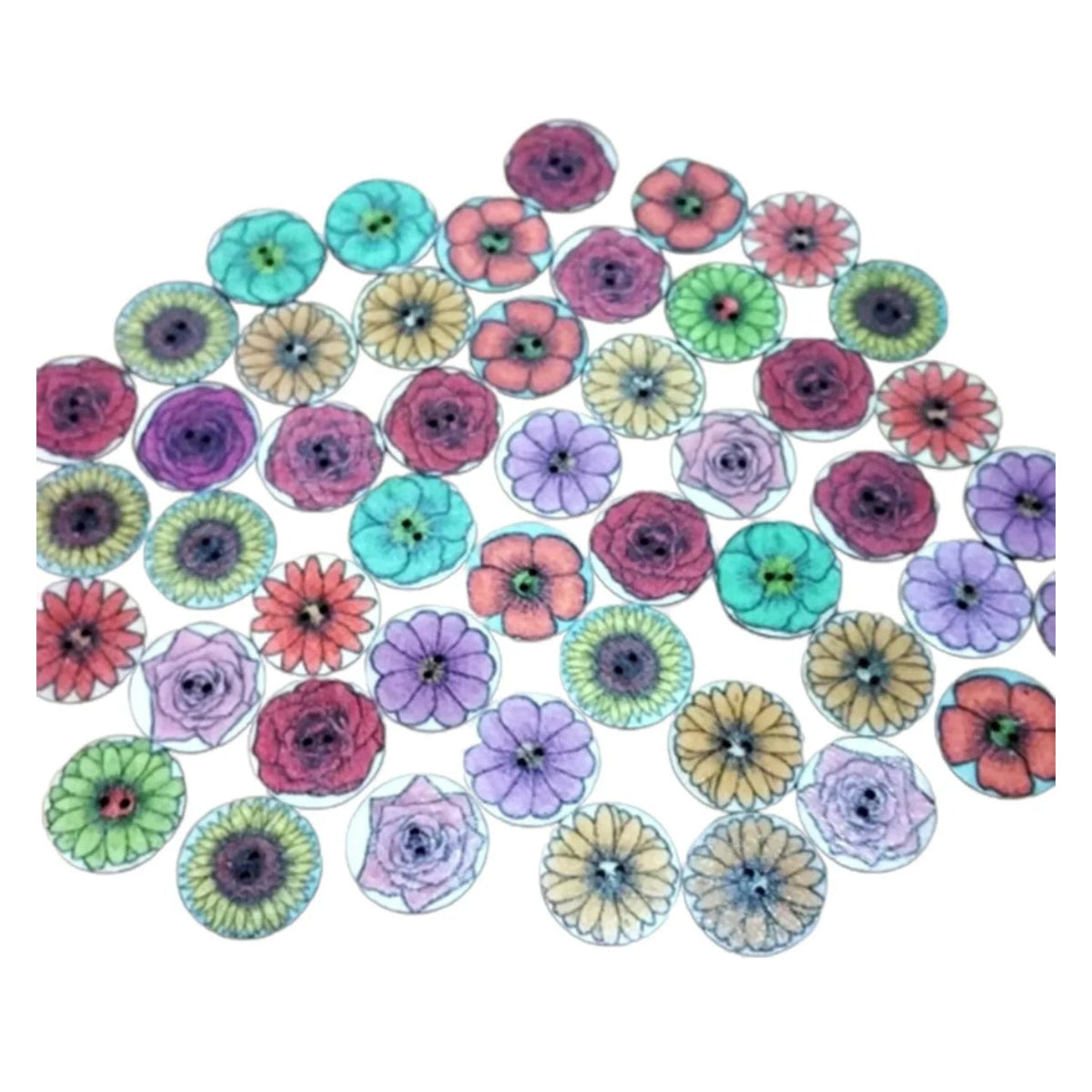 50 Retro Wooden Buttons 15-25mm Set A – 20mm Flowers 2