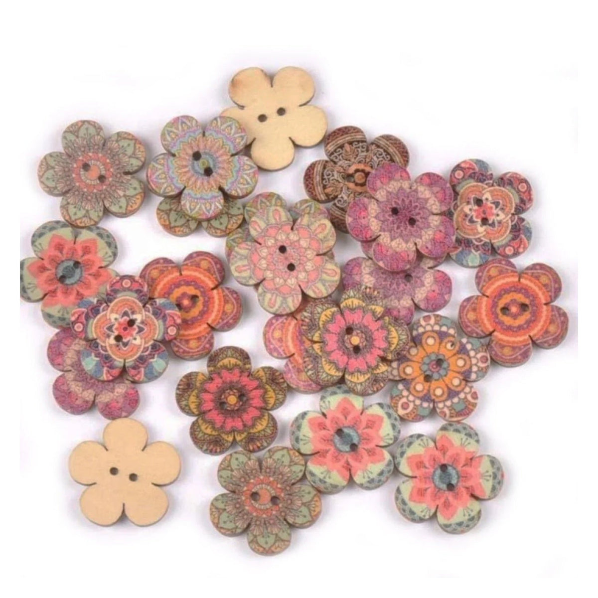 50 Retro Wooden Buttons 15-25mm Set A – 25mm Flowers 3