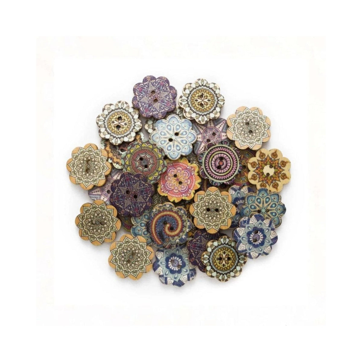 50 Retro Wooden Buttons 15-25mm Set B – 20mm Flowers 4, 25mm Flowers 4