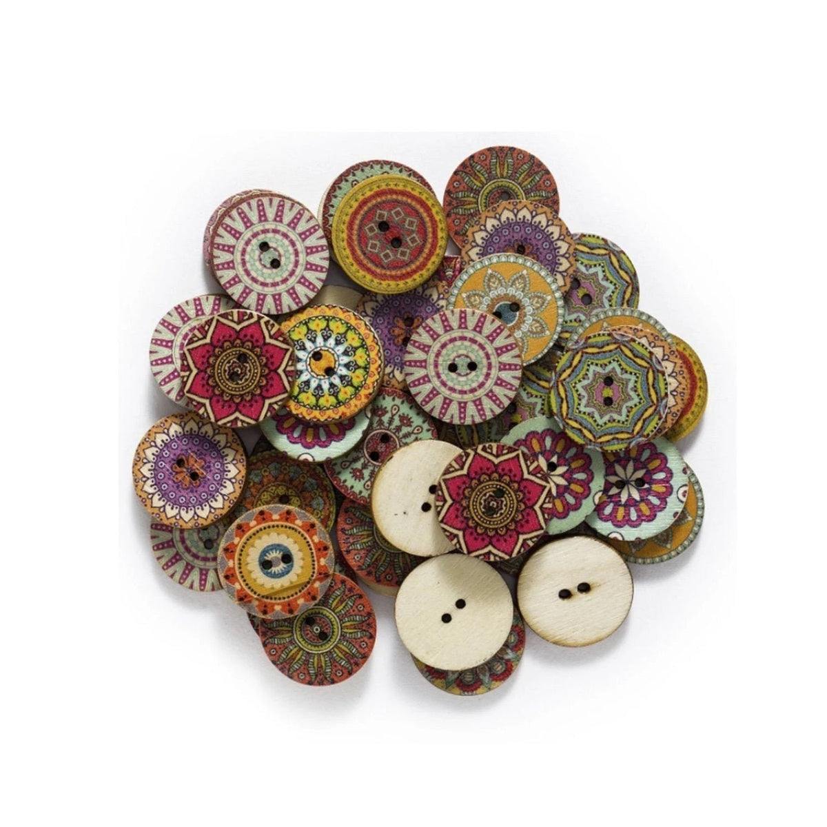 50 Retro Wooden Buttons 15-25mm Set B – 25mm Pinwheel