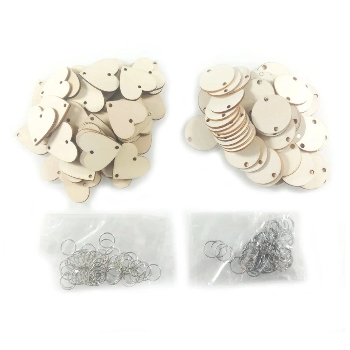 Wooden Circles and Hearts Hanging Decor with Hole Rings – 50pcs