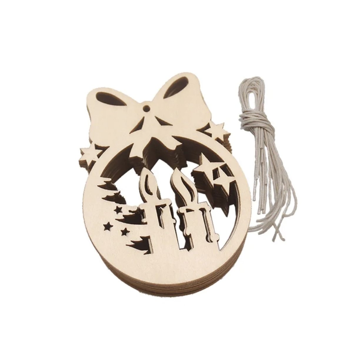 Christmas Wooden Pendant Hanging Ornament with String – 5pcs Candle Bow Ribbon