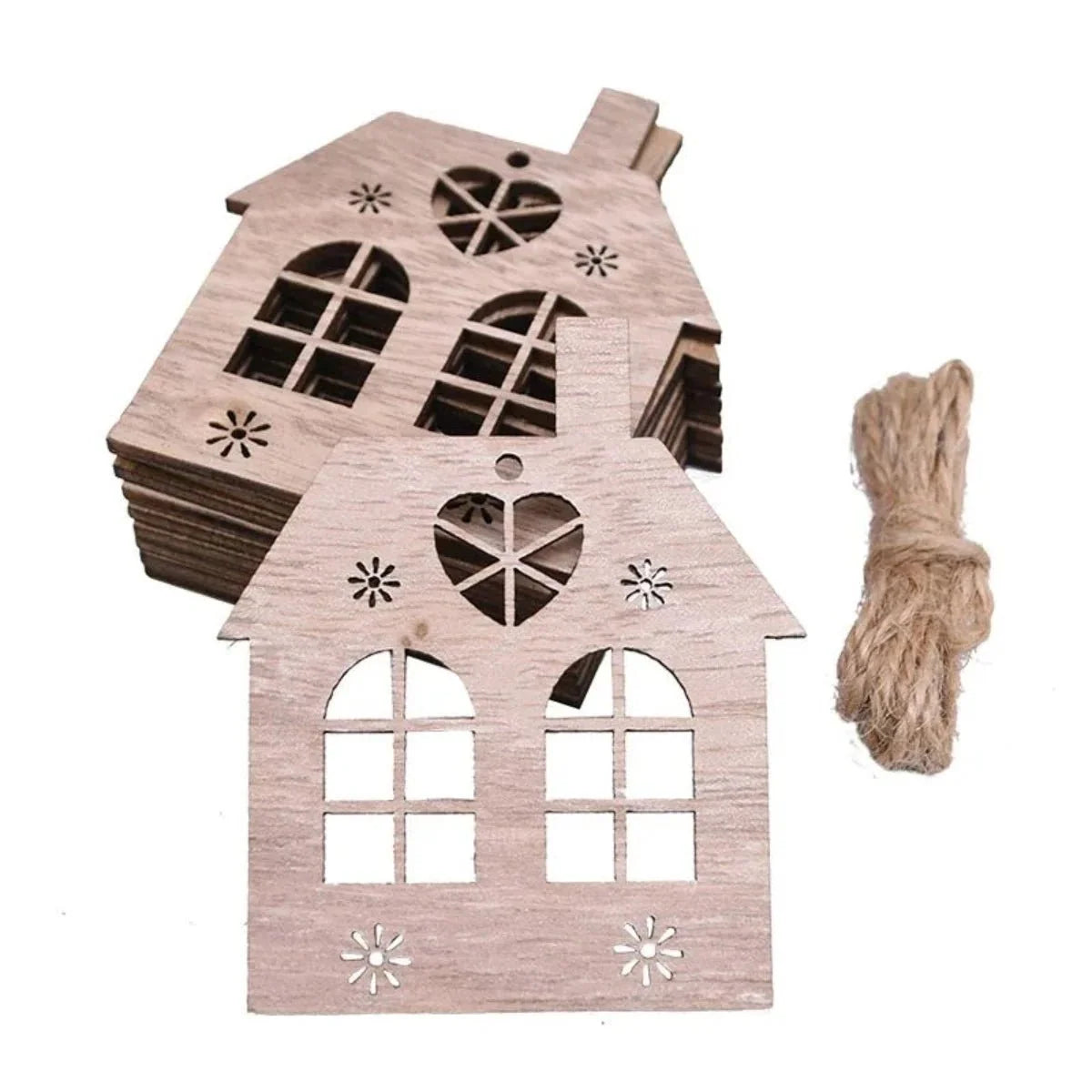 Christmas Wooden Pendant Hanging Ornament with String – 5pcs House