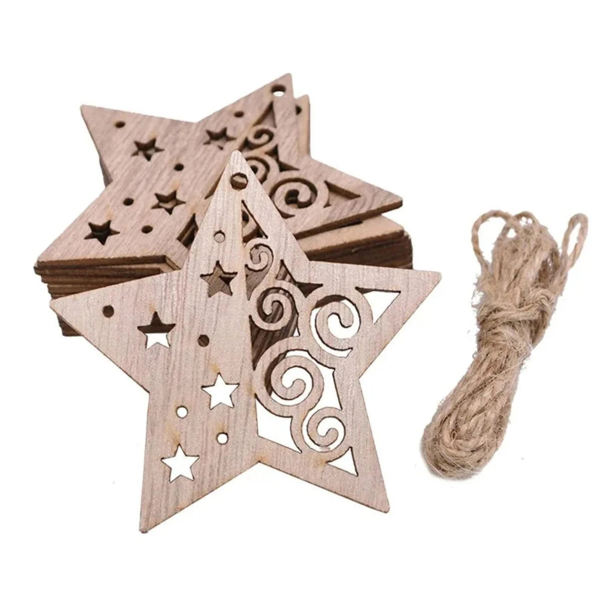Christmas Wooden Pendant Hanging Ornament with String – 5pcs Star