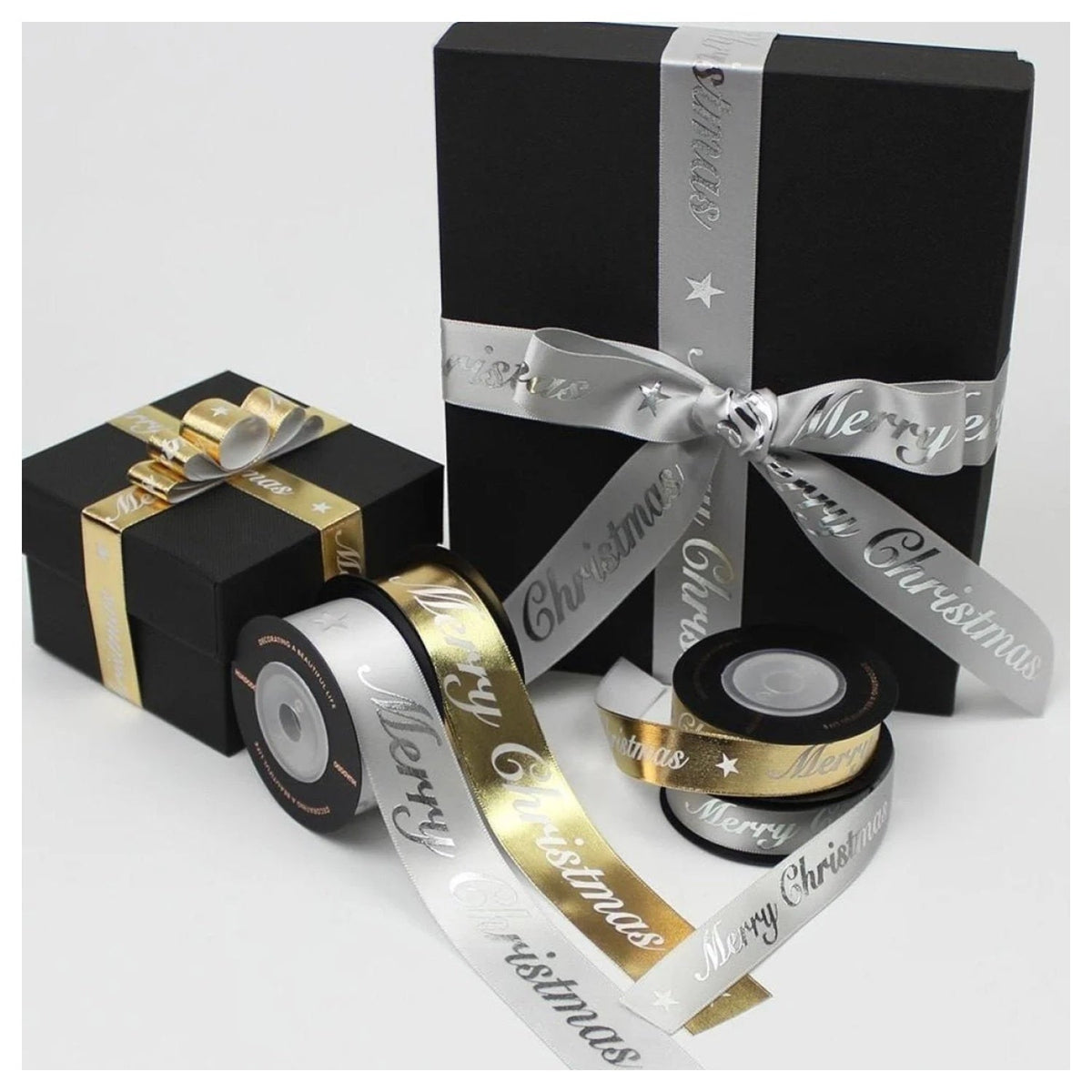 Merry Christmas Gift Wrapping Ribbons Gold Silver 16mm