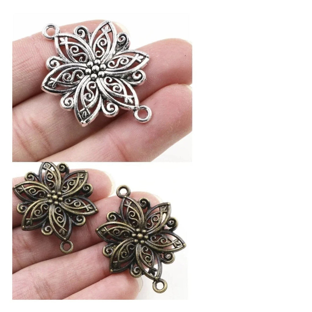 40x28mm Antique Bronze & Silver Plated Flower Charm Pendant