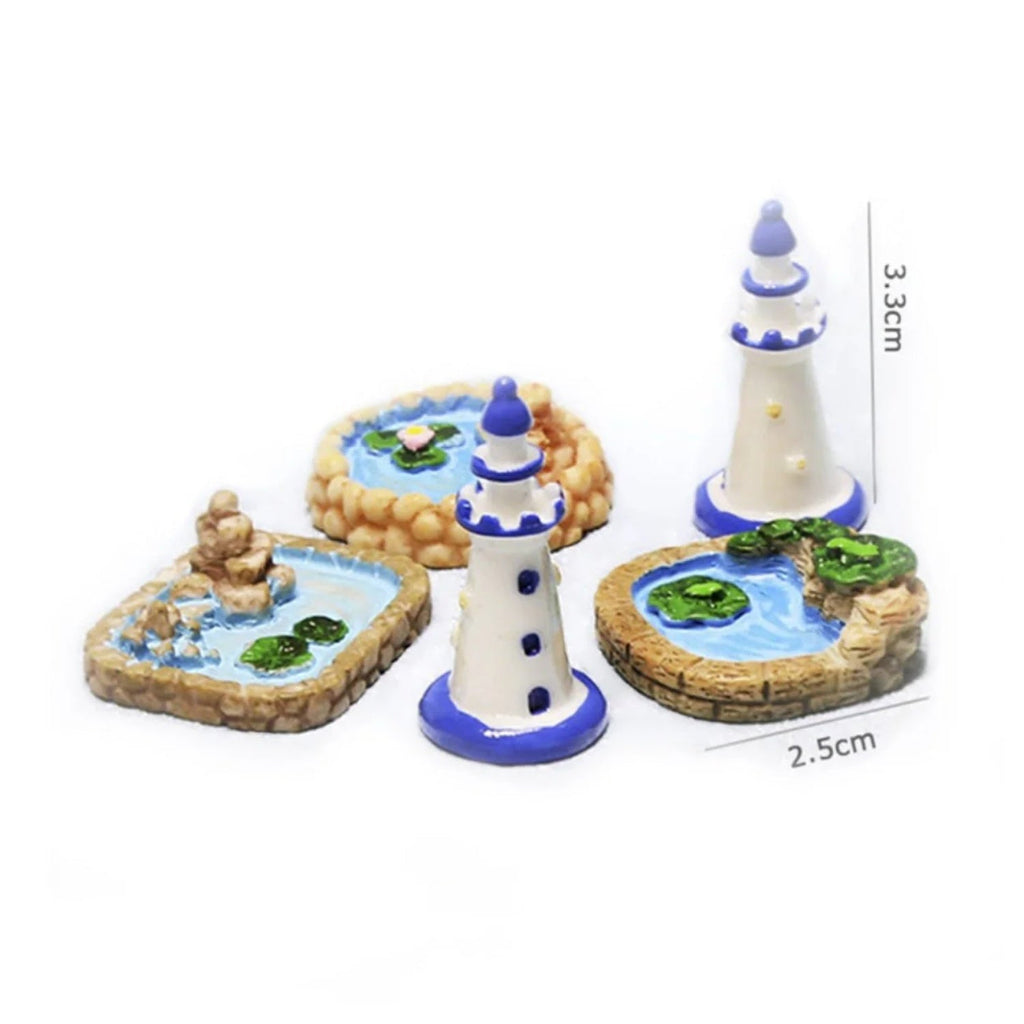 Mini Fairy Garden Figurines Set – Set of miniature lighthouse figurines with decorative bases on a white background