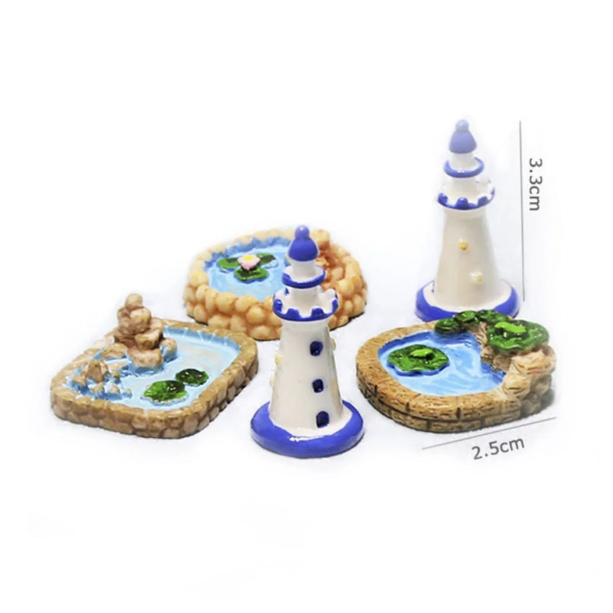 Mini Fairy Garden Figurines Set – Set of miniature lighthouse figurines with decorative bases on a white background
