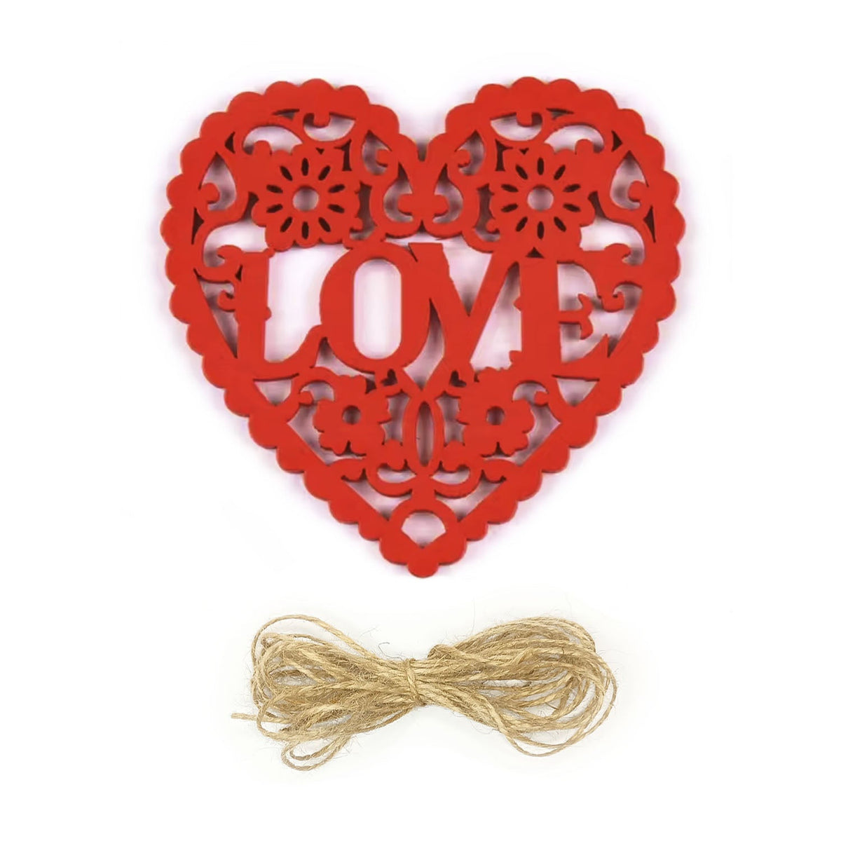 Wooden Heart Laser Cut Forms 80mm with Jute Twine – 5pcs Red