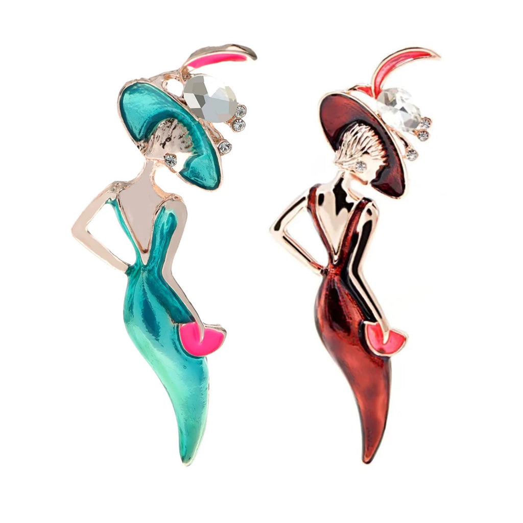 Wine Red 6.1cm Enamel Lady Figure Brooch