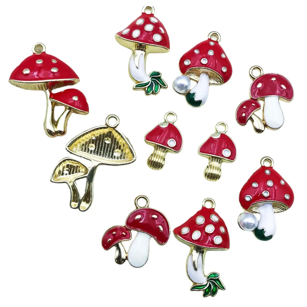 Mushroom Pendant Alloy Enamel Charms – 10 Red Pieces