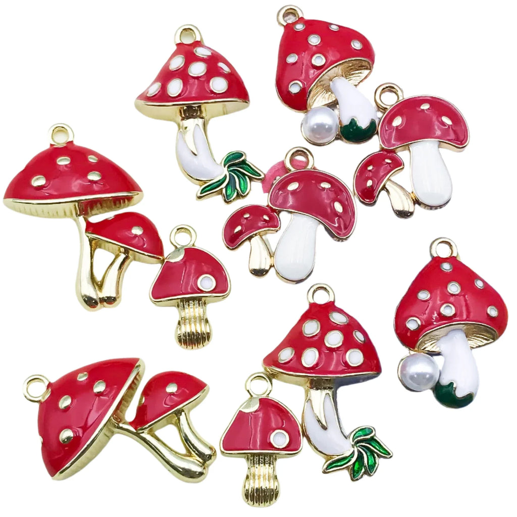 Mushroom Pendant Alloy Enamel Charms – 10 Red Pieces