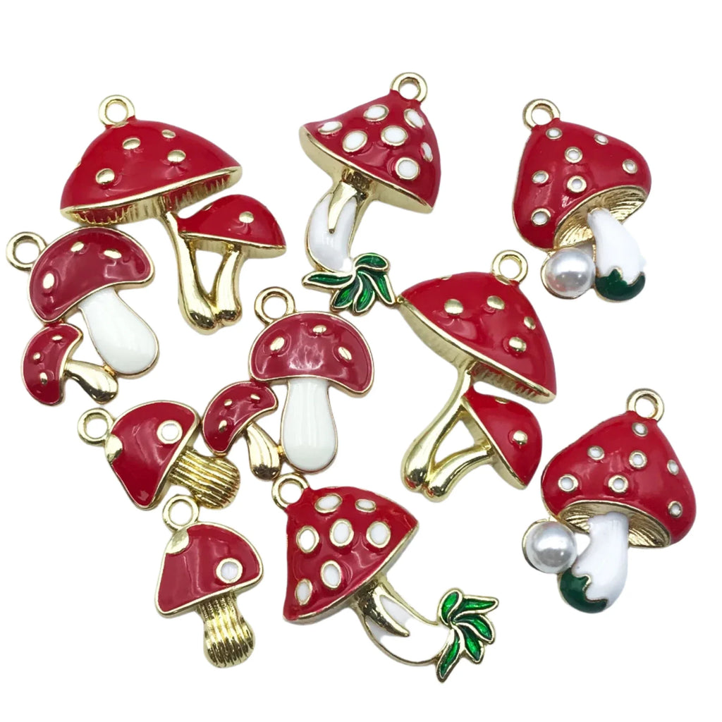 Mushroom Pendant Alloy Enamel Charms – 10 Red Pieces