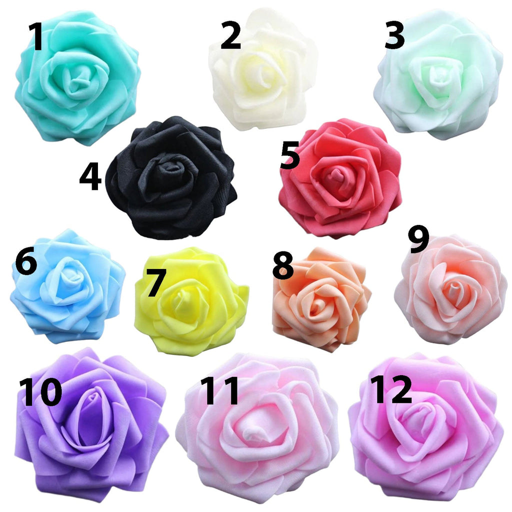 7.5cm Foam Rose Head for Wedding DIY Wreaths – 1. 40pcs Cyan, 2. 40pcs Milk White, 3. 38pcs Light Green, 4. 40pcs Black, 5. 38pcs Red, 6. 40pcs Sky Blue, 7. 38pcs Yellow, 8. 37pcs Orange, 9. 30pcs Pink, 10. 40pcs Purple, 11. 40pcs Light Pink, 12.