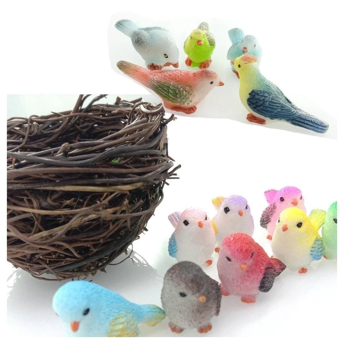 8 Birds in a Nest Resin Parrot Bird Nest Figurine Animal Model Home Decorations Miniature Fairy Garden Bonsai Modern Craft Decor - 8pcs Birds - Asia Sell