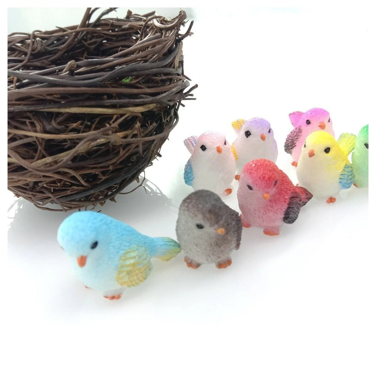 8 Birds in a Nest Resin Parrot Bird Nest Figurine Animal Model Home Decorations Miniature Fairy Garden Bonsai Modern Craft Decor - 8pcs + Nest - Asia Sell