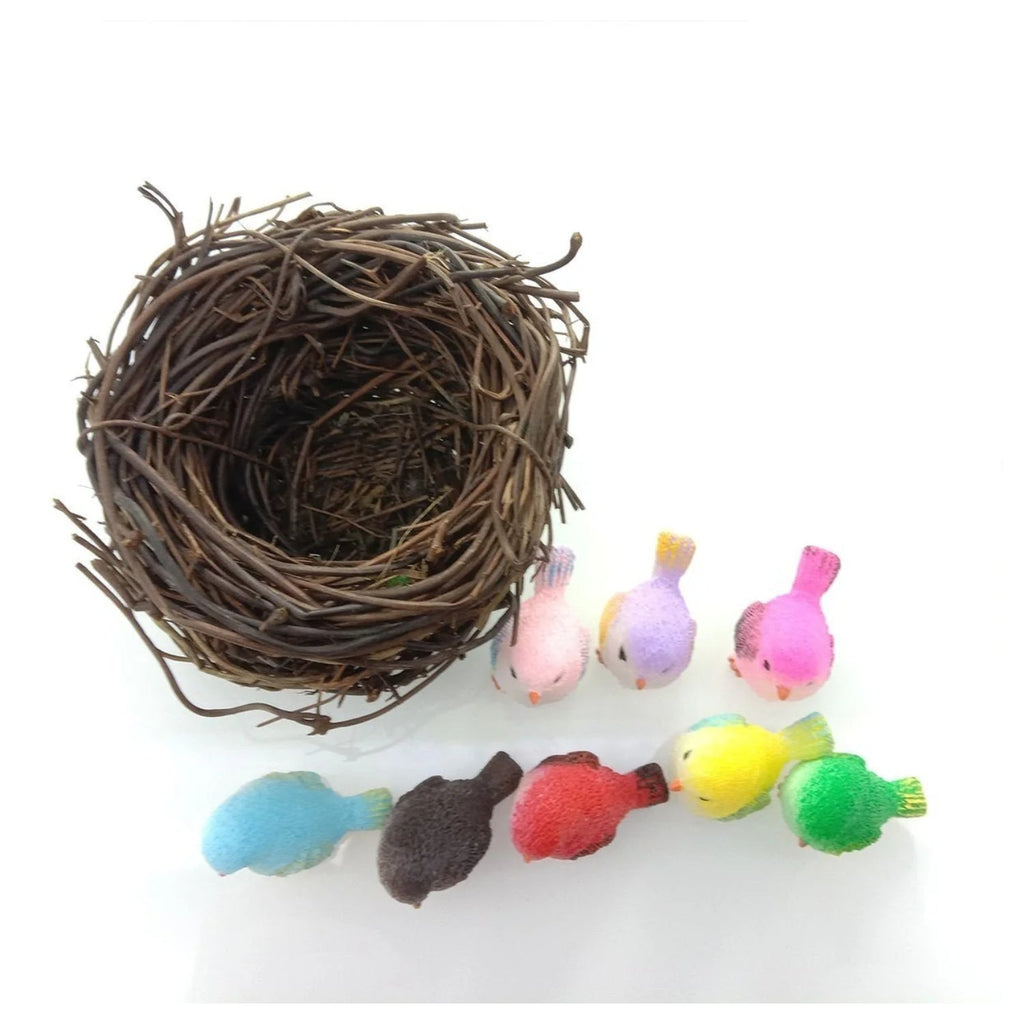 8 Birds in a Nest Resin Parrot Bird Nest Figurine Animal Model Home Decorations Miniature Fairy Garden Bonsai Modern Craft Decor - 8pcs + Nest - Asia Sell