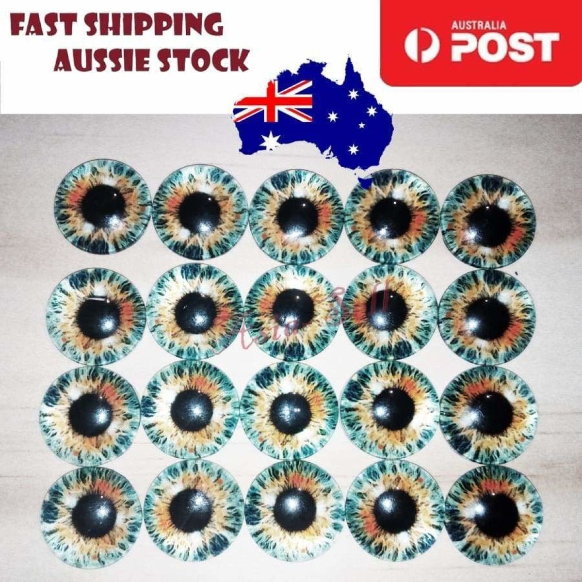 8pcs 12mm Glass Doll Eyes – Pink, Blue, Red, Grey, Green, Yellow – Grey and Orange