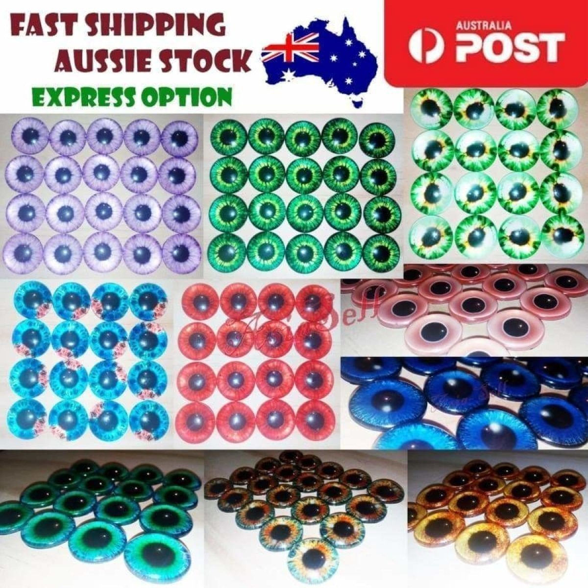 8pcs 12mm Glass Doll Eyes – Pink, Blue, Red, Grey, Green, Yellow