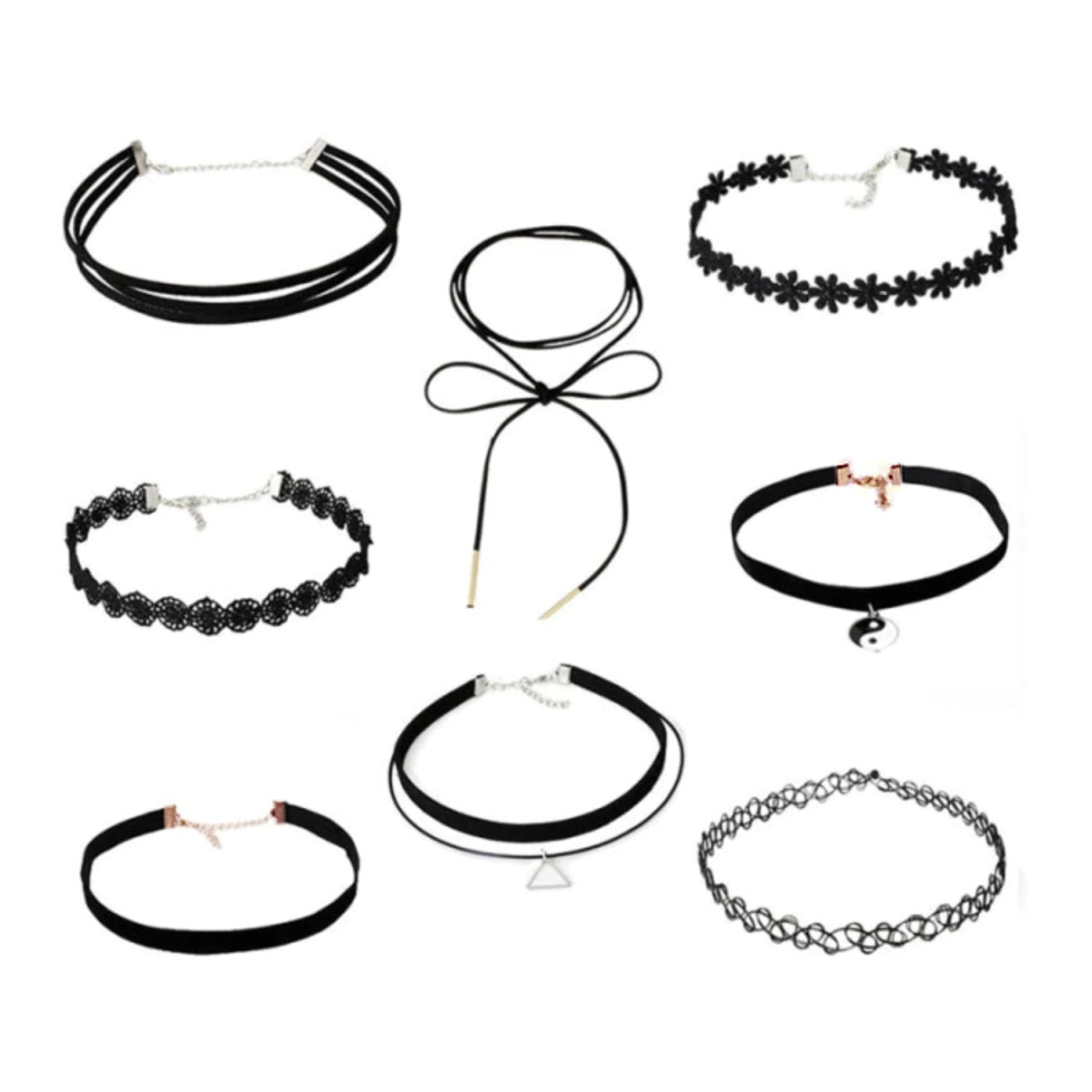 8pcs Velvet Black Choker Necklace with Yin-Yang & Triangle Charms